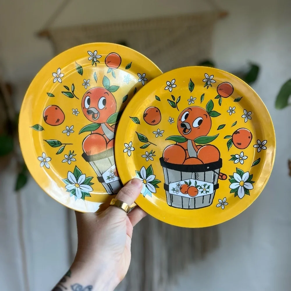 Disney Vintage Orange Bird Plates Set of 2 Yellow Floral Citrus 8”